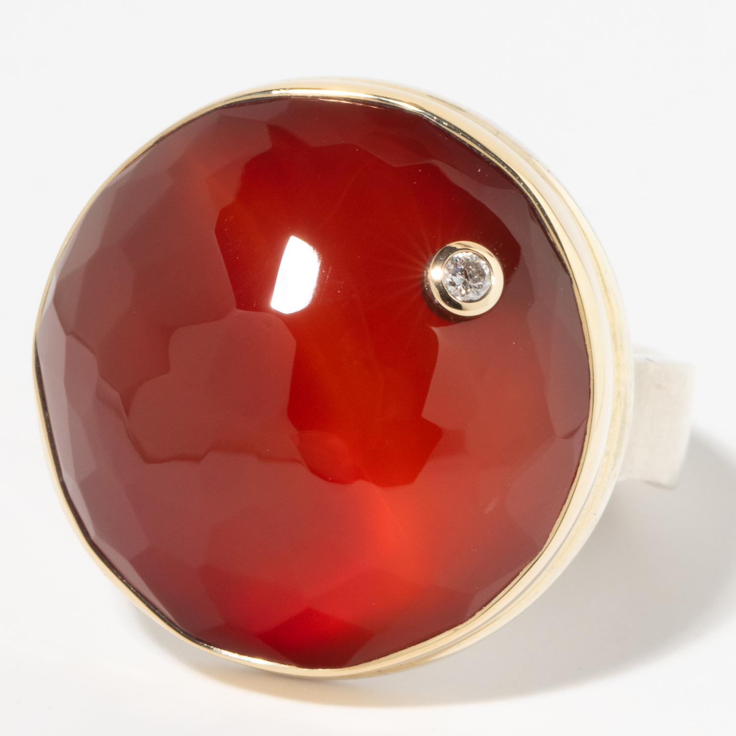 Jamie Joseph: Sterling & 14K Gold Ring w/ Round Hand Faceted CARNELIAN & .03 ct Diamond on Live Edge Band, size 8.25, measures 13/16" in diameter
