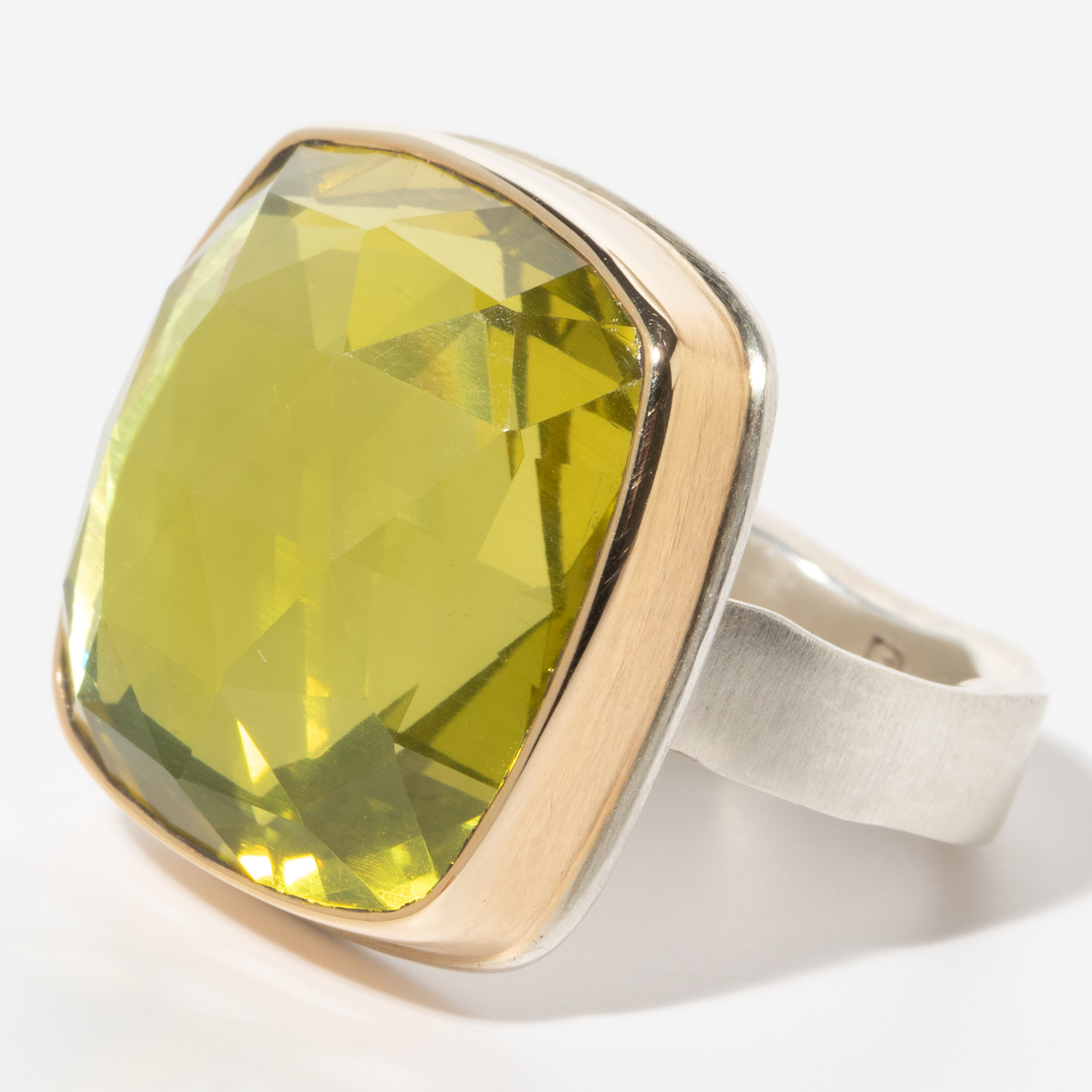 Jamie Joseph: Sterling & 14K Gold Ring w/ Square Rose Cut LEMON QUARTZ on Live Edge Band, size 8, measures 13/16" x 13/16"