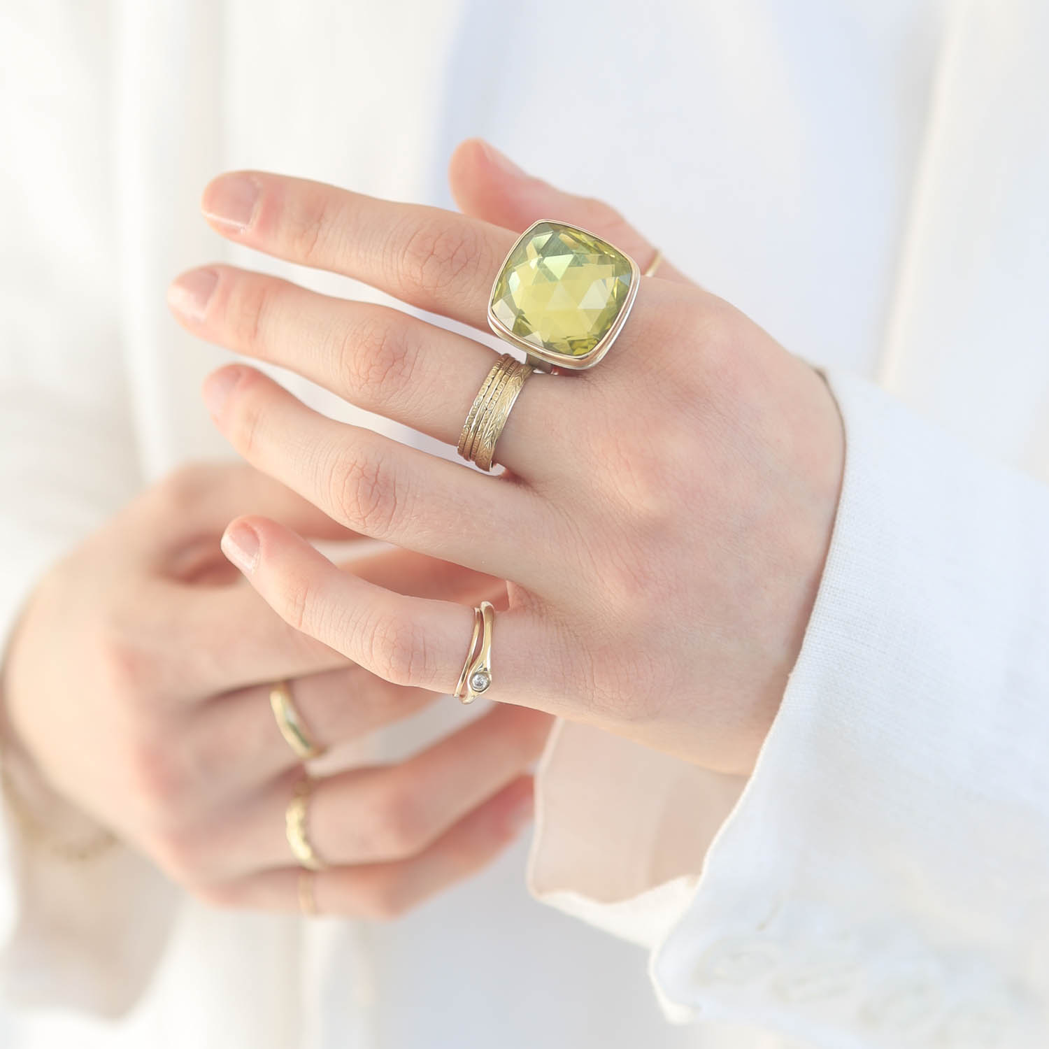 Jamie Joseph: Sterling & 14K Gold Ring w/ Square Rose Cut LEMON QUARTZ on Live Edge Band, size 8, measures 13/16" x 13/16"