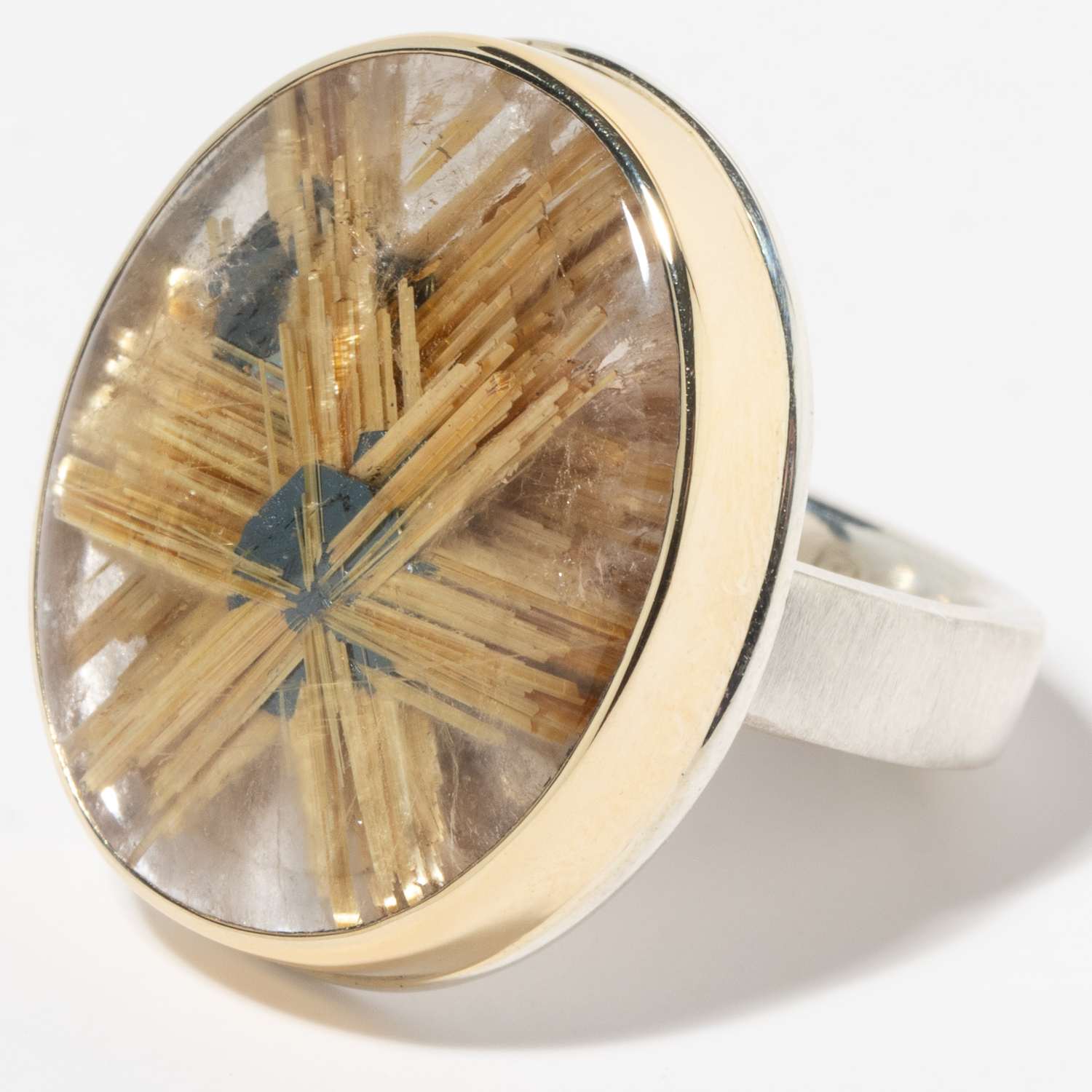 Jamie Joseph: Sterling & 14K Gold Ring w/ Vertical Oval STAR RUTILATED QUARTZ on Y Band, size 8, measures 1" x 13/16"