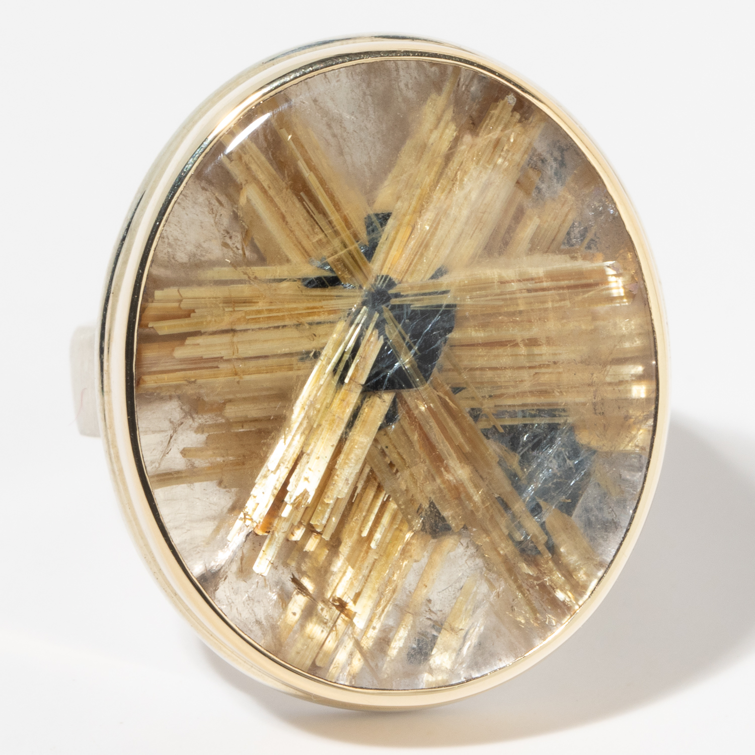 Jamie Joseph: Sterling & 14K Gold Ring w/ Vertical Oval STAR RUTILATED QUARTZ on Y Band, size 8, measures 1" x 13/16"