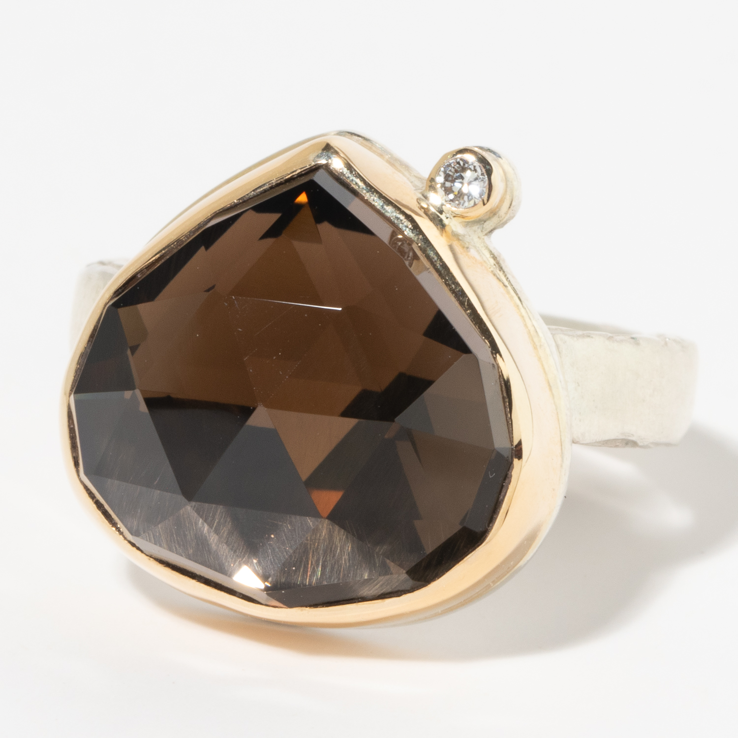Jamie Joseph: Sterling & 14K Gold Ring w/ Lotus Rose Cut SMOKY QUARTZ & .03 ct Satellite Diamond on Middle Bark Band, size 7.5, measures 11/16" x 11/16"