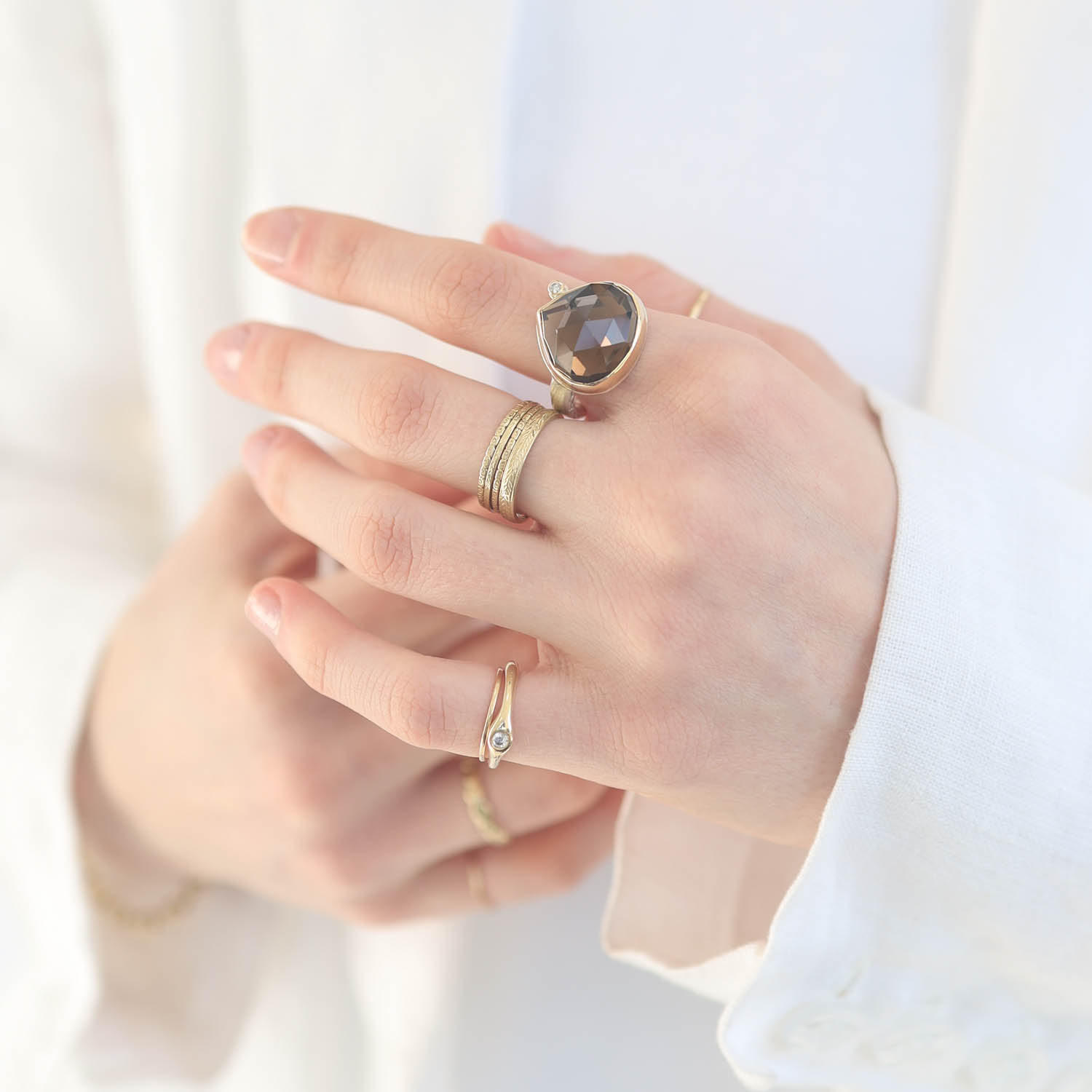 Jamie Joseph: Sterling & 14K Gold Ring w/ Lotus Rose Cut SMOKY QUARTZ & .03 ct Satellite Diamond on Middle Bark Band, size 7.5, measures 11/16" x 11/16"