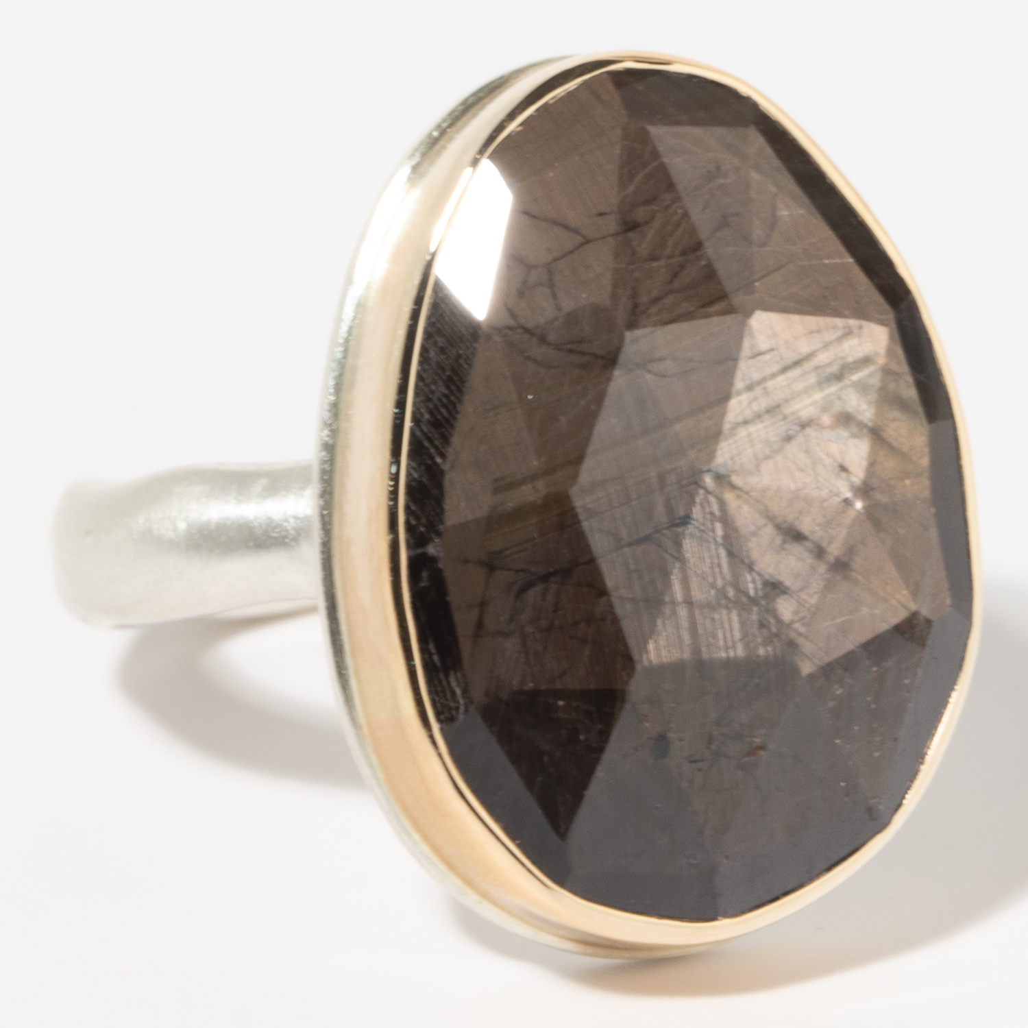 Jamie Joseph: Sterling & 14K Gold Ring w/ Vertical Asymmetrical Rose Cut BROWN SAPPHIRE on Middle Groovy Band, size 7.5, measures 7/8" x 5/8"