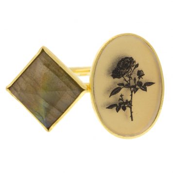 Anzu: Toi et Moi Ring, Gold Vermeil, Labradorite, Rose Motif, rose 5/8" x 7/16" , labradorite measures 1/2" x 1/2" , ring size 7