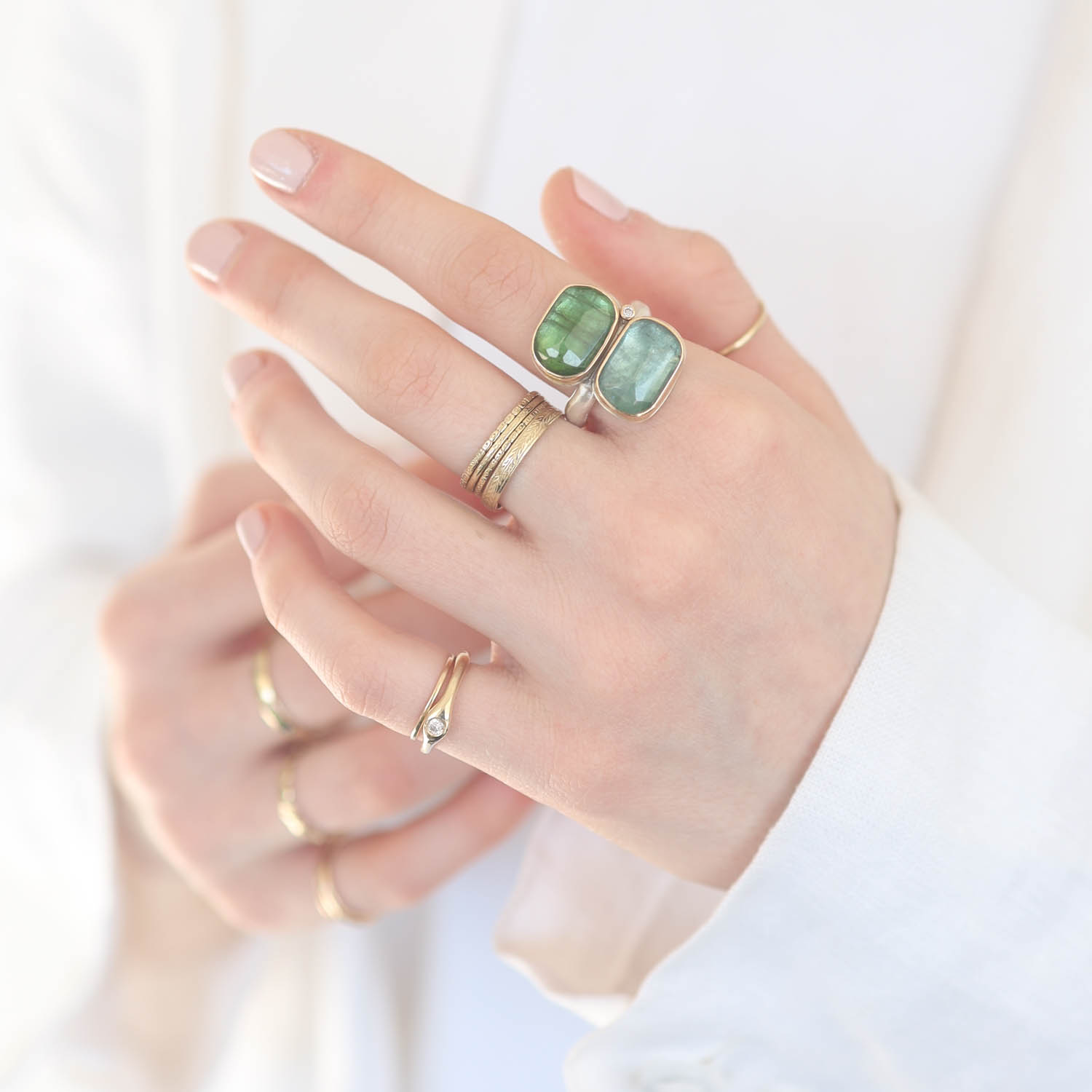 Jamie Joseph Trunk Show 2025: Ring 12, BLUE GREEN TOURMALINE, diamond .025ct, size 7.5, measures 7/8" x 5/8"