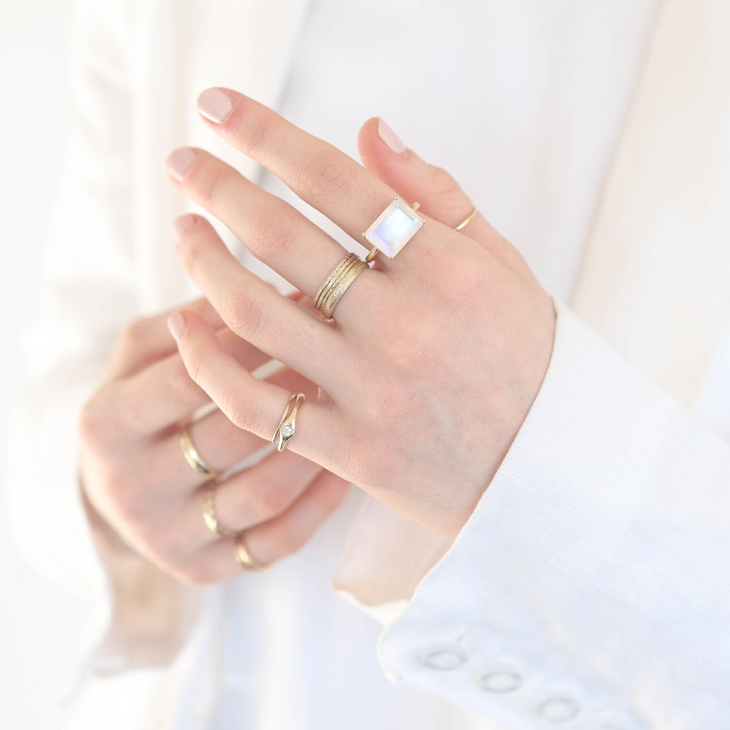 Jamie Joseph Trunk Show 2025: Ring 287, 14K gold, WHITE RAINBOW MOONSTONE, size 7, 9/16" x 7/16"