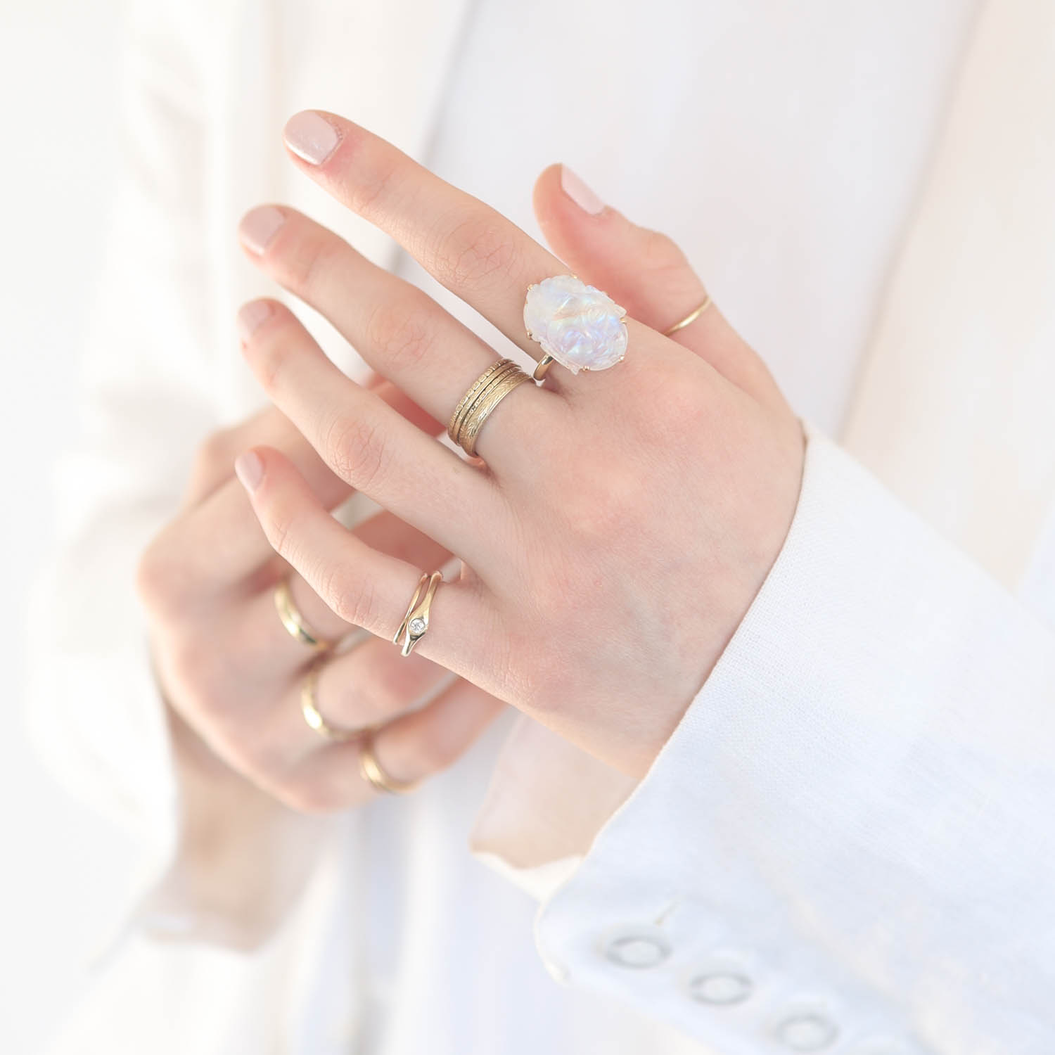 Jamie Joseph Trunk Show 2025: Ring 288, 14K gold, WHITE RAINBOW MOONSTONE CARVED BUDDHA, size 6.5, 7/8" x 9/16"