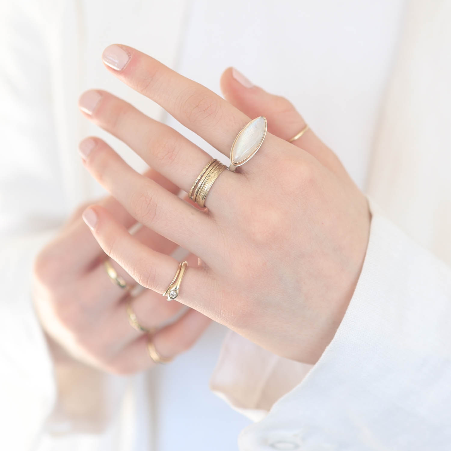 Jamie Joseph Trunk Show 2025: Ring 51, WHITE RAINBOW MOONSTONE, size 7.25, 13/16" x 5/16"