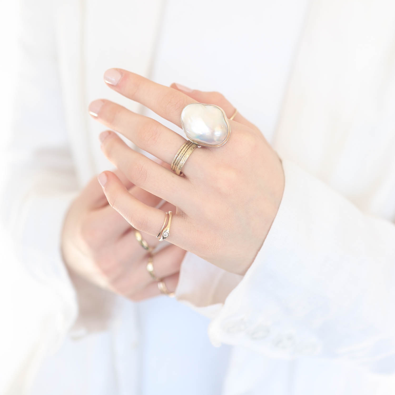 Jamie Joseph Trunk Show 2025: Ring 82, CULTURED PEARL, size 8.25, measures 1 1/8" x 7/8"