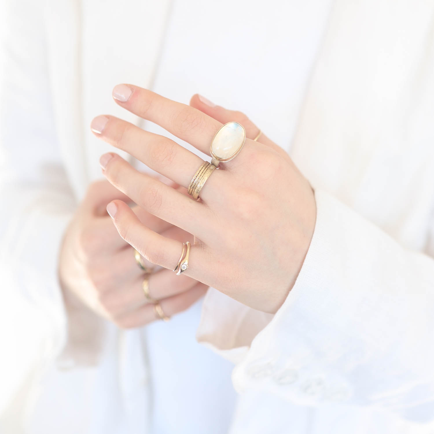 Jamie Joseph Trunk Show 2025: Ring 83, WHITE RAINBOW MOONSTONE, size 7.5, measures 13/16" x 9/16"