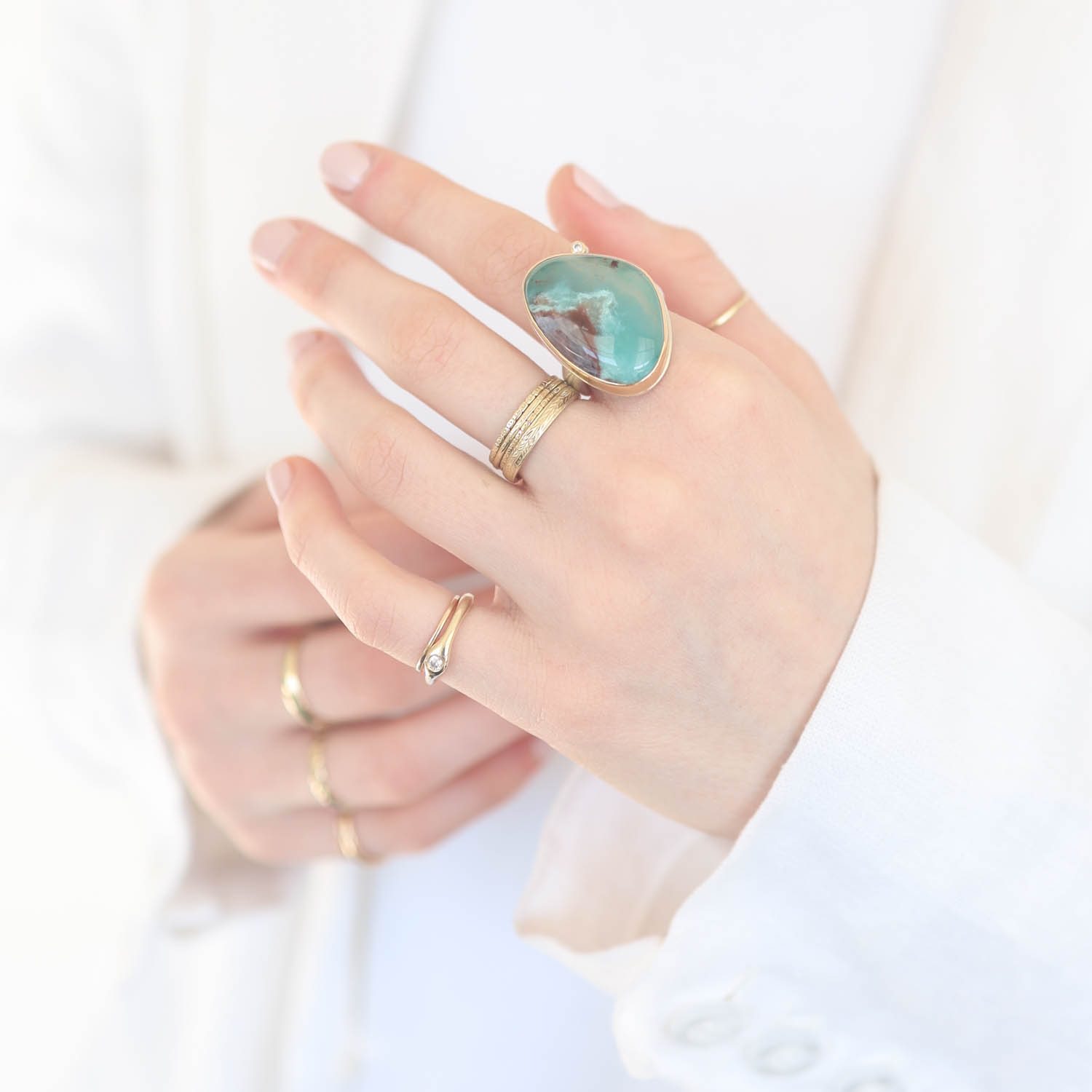 Jamie Joseph Trunk Show 2025: Ring 89, CHRYSOPRASE, says Aquaprase on tag?, .03ct, size 8.25, measures 1 1/16" x 3/4"