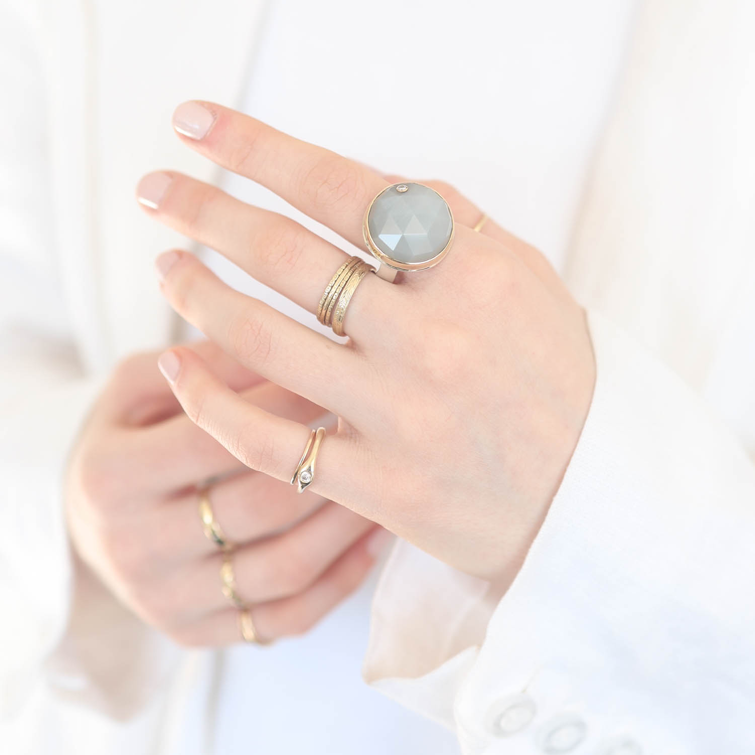 Jamie Joseph Trunk Show 2025: Ring 96, GREY MOONSTONE, .03ct, size 7.75, measures 13/16" in diameter
