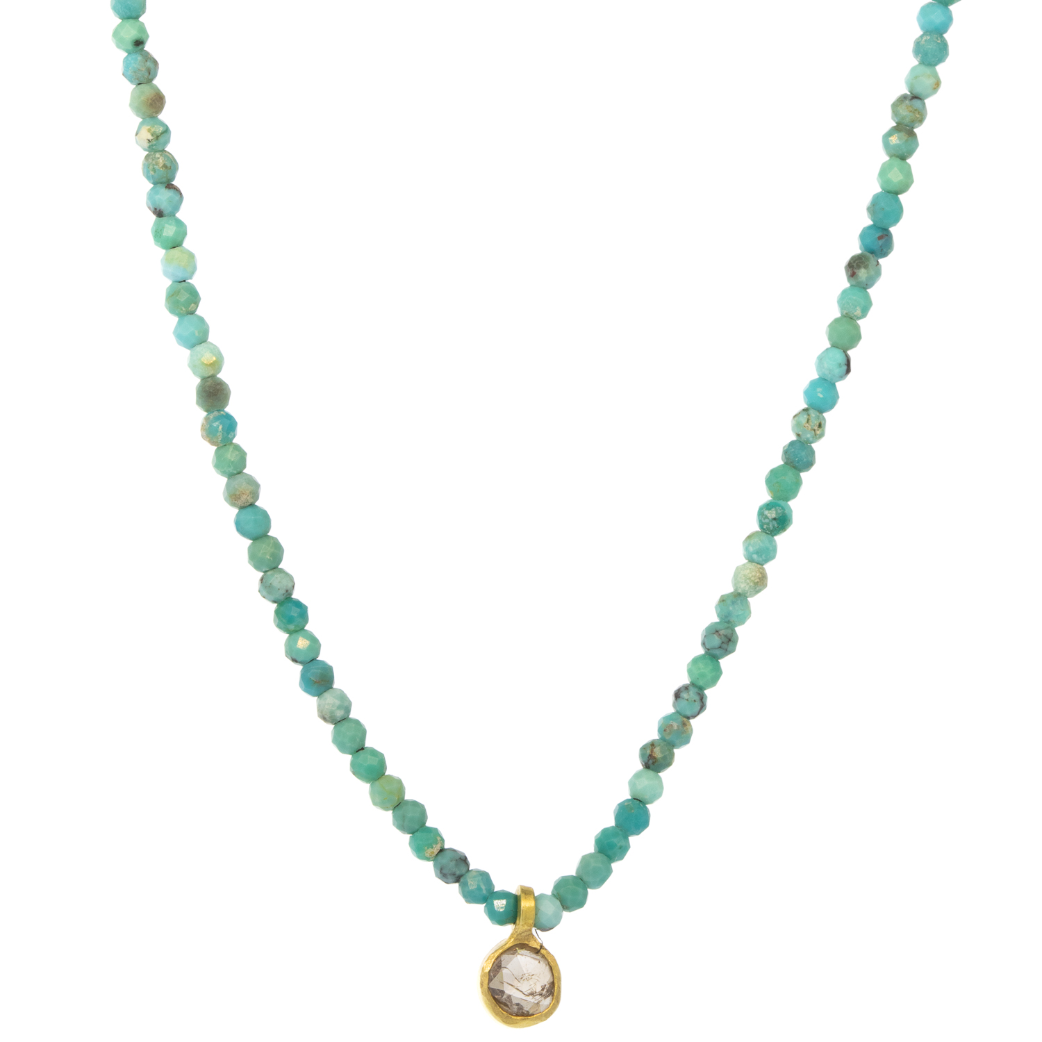 Margret Solow :Beaded necklace,Turquoise,Diamond 18k, 16" in length, pendant measures 1/4" x 1/8"