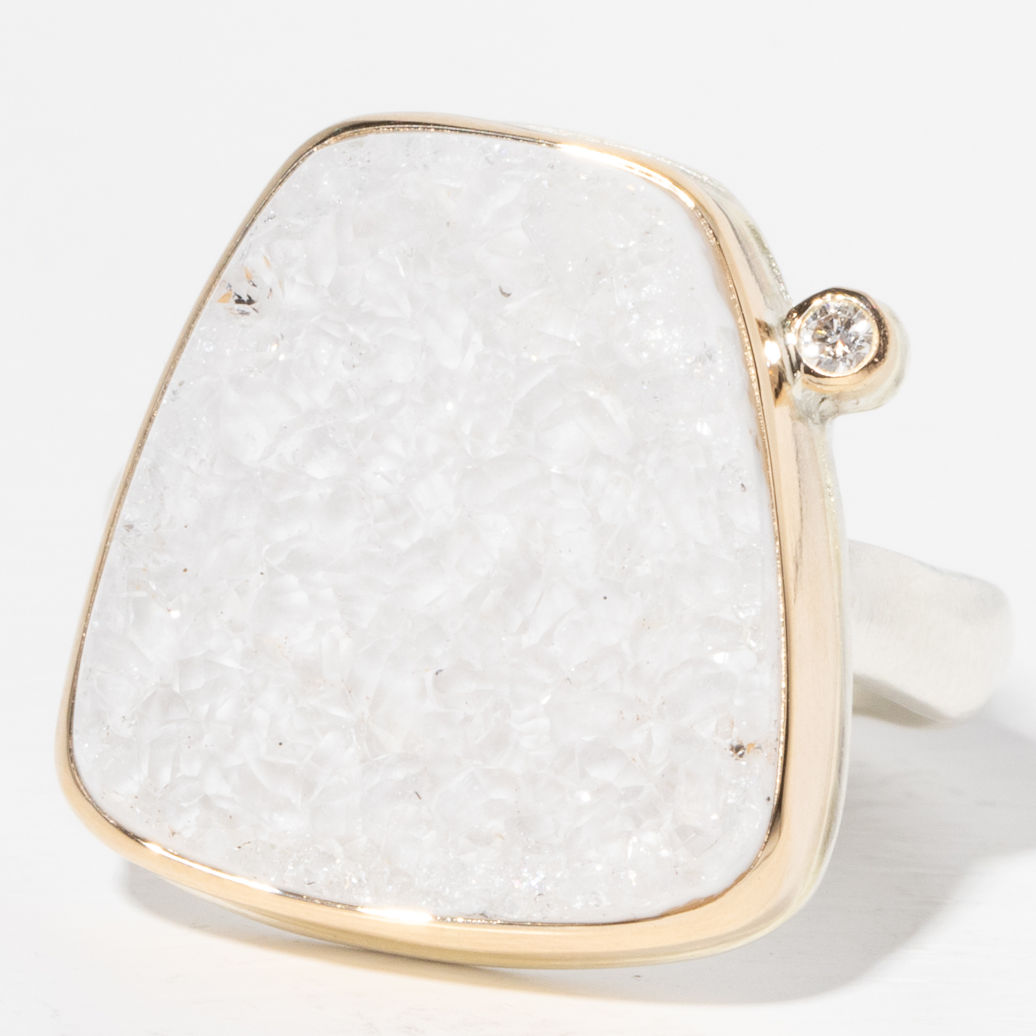 Jamie Joseph Trunk Show 2025: Ring 1, White Drusy Brazilian,.03ct diamond, size 7.75, measures 3/4" x 3/4"