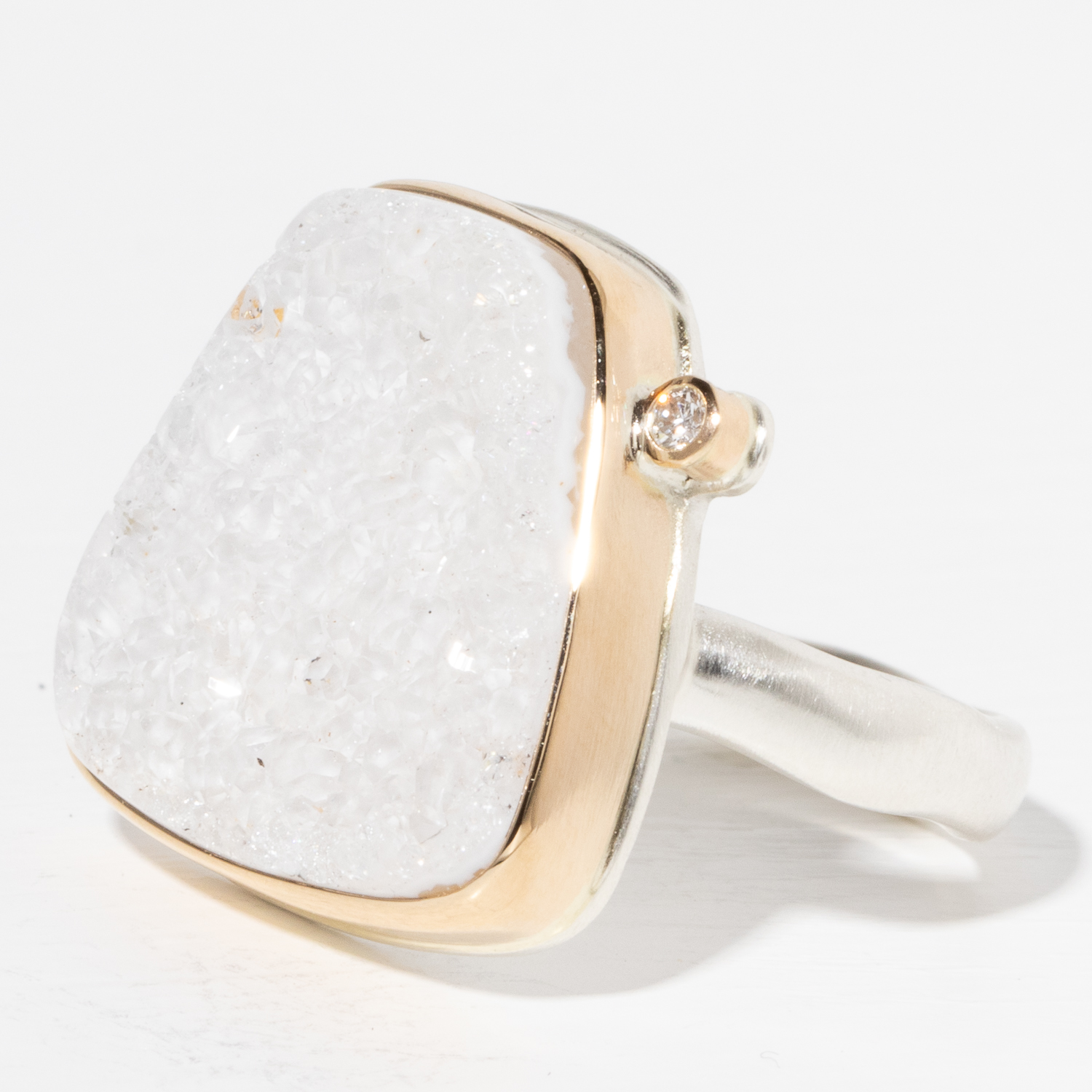 Jamie Joseph Trunk Show 2025: Ring 1, White Drusy Brazilian,.03ct diamond, size 7.75, measures 3/4" x 3/4"
