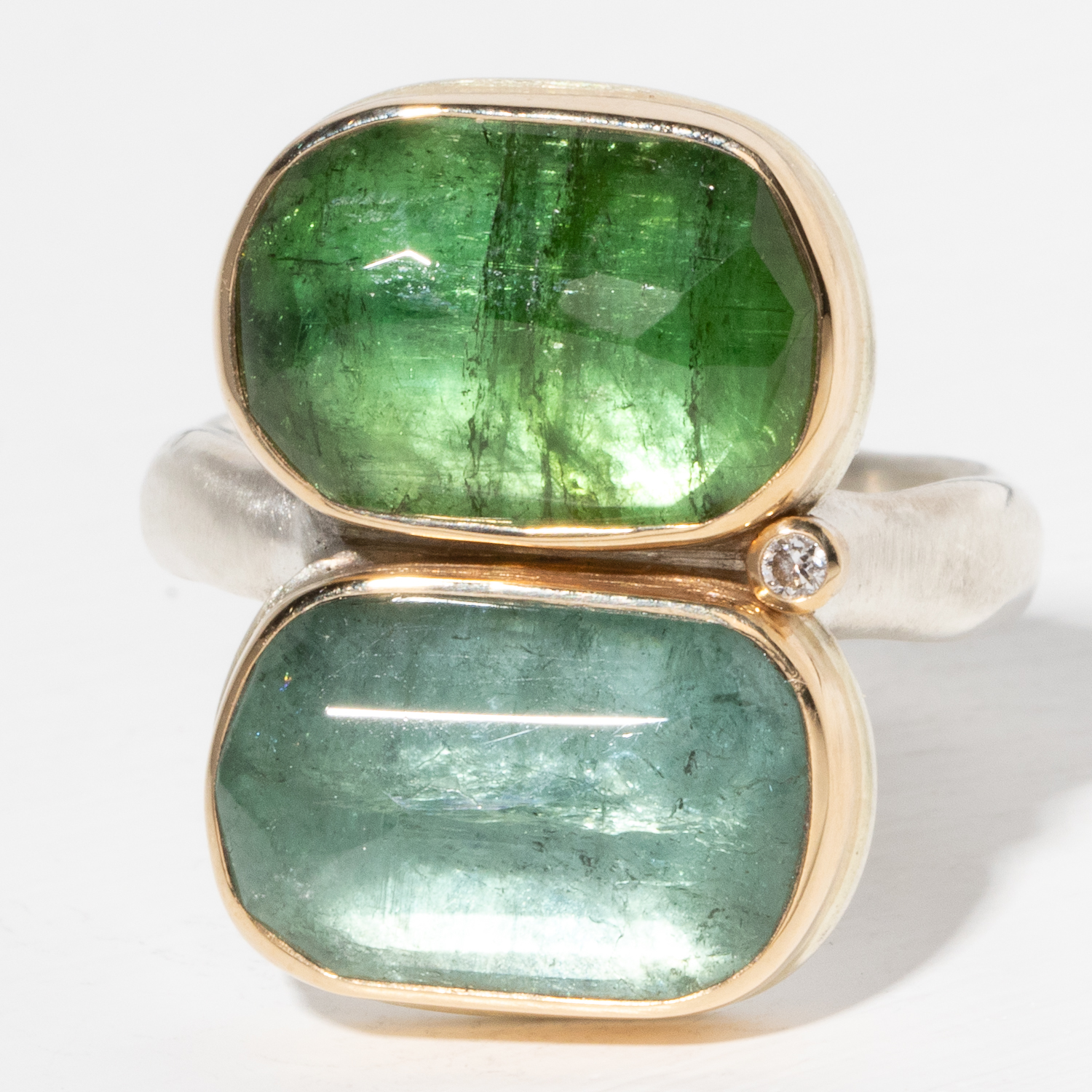 Jamie Joseph Trunk Show 2025: Ring 12, BLUE GREEN TOURMALINE, diamond .025ct, size 7.5, measures 7/8" x 5/8"