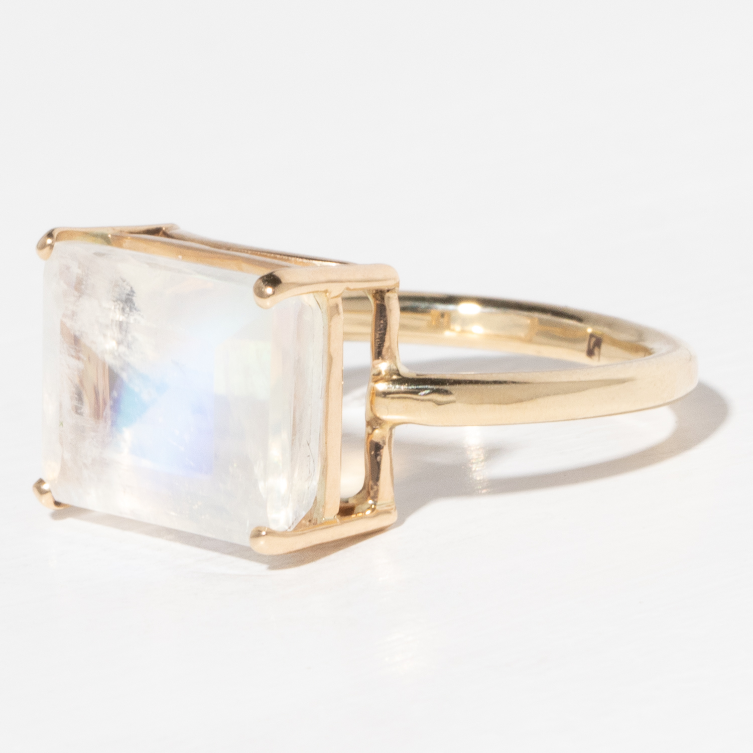 Jamie Joseph Trunk Show 2025: Ring 287, 14K gold, WHITE RAINBOW MOONSTONE, size 7, 9/16" x 7/16"