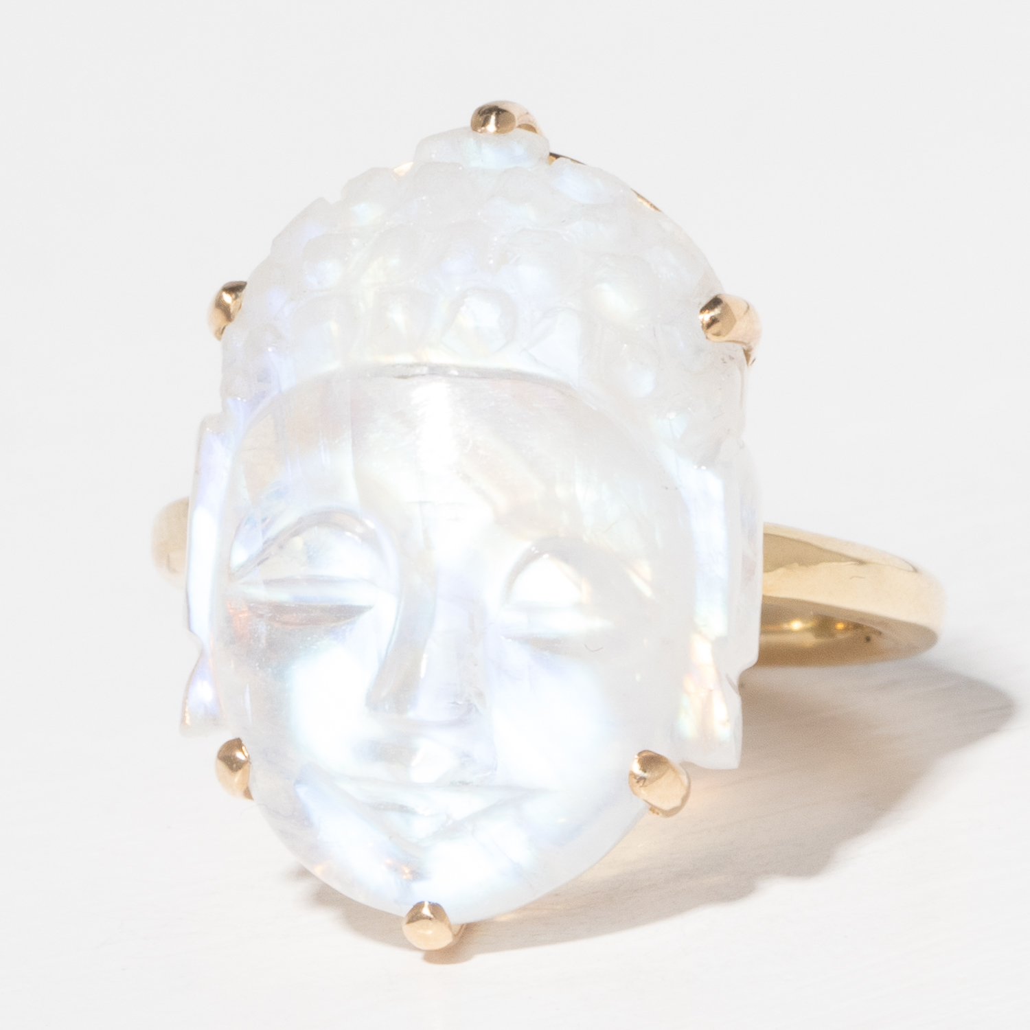 Jamie Joseph Trunk Show 2025: Ring 288, 14K gold, WHITE RAINBOW MOONSTONE CARVED BUDDHA, size 6.5, 7/8" x 9/16"