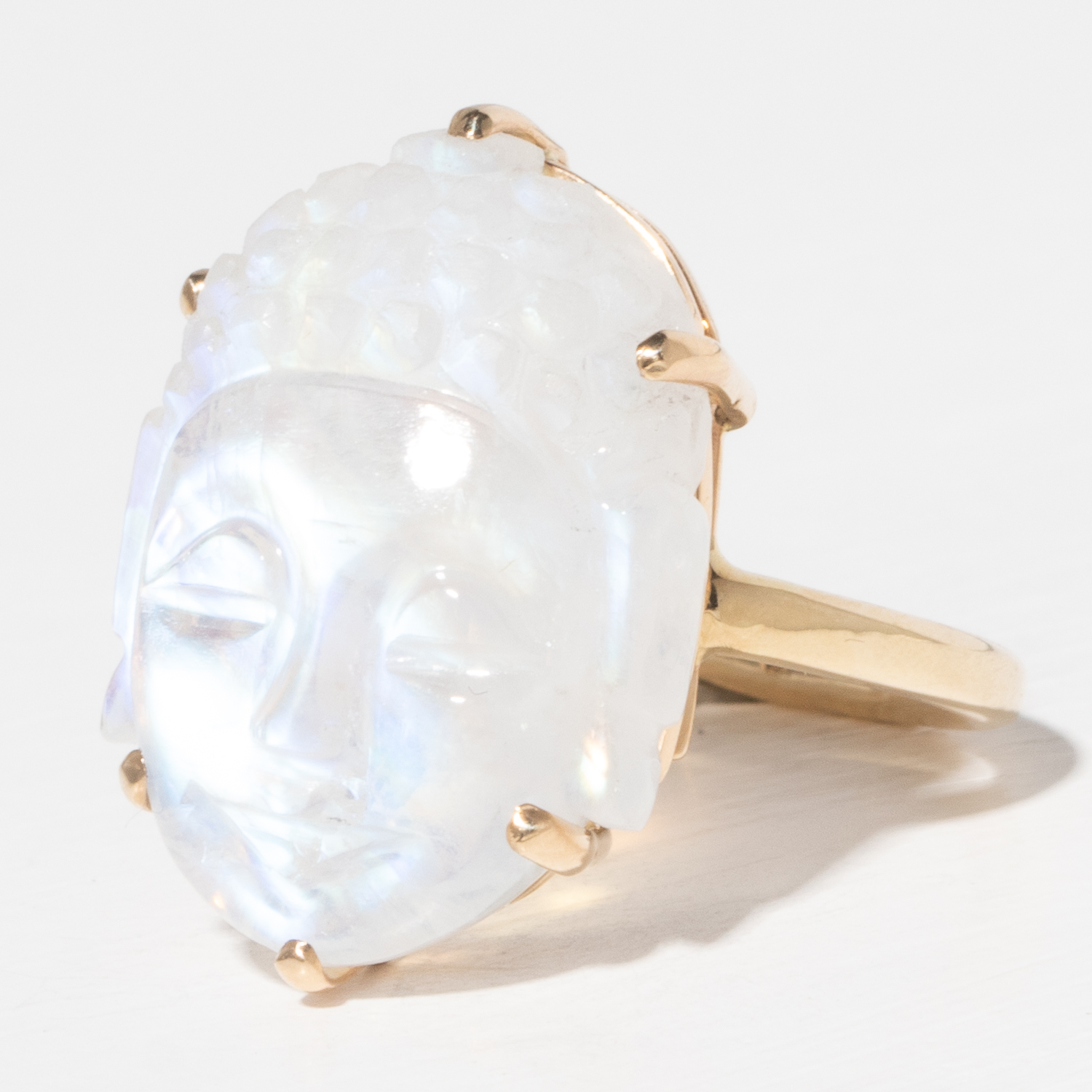 Jamie Joseph Trunk Show 2025: Ring 288, 14K gold, WHITE RAINBOW MOONSTONE CARVED BUDDHA, size 6.5, 7/8" x 9/16"