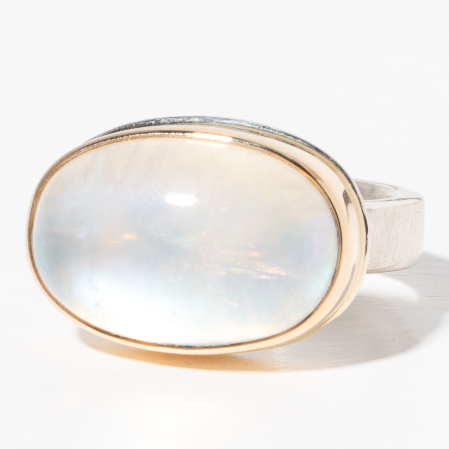 Jamie Joseph Trunk Show 2025: Ring 83, WHITE RAINBOW MOONSTONE, size 7.5, measures 13/16" x 9/16"