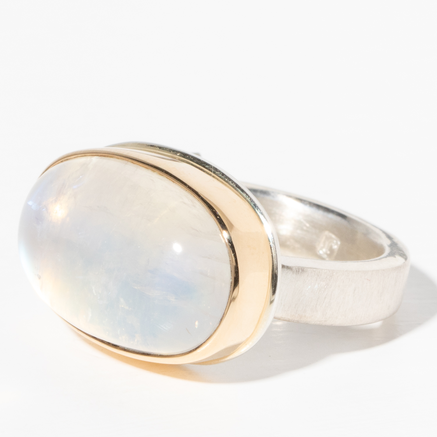 Jamie Joseph Trunk Show 2025: Ring 83, WHITE RAINBOW MOONSTONE, size 7.5, measures 13/16" x 9/16"