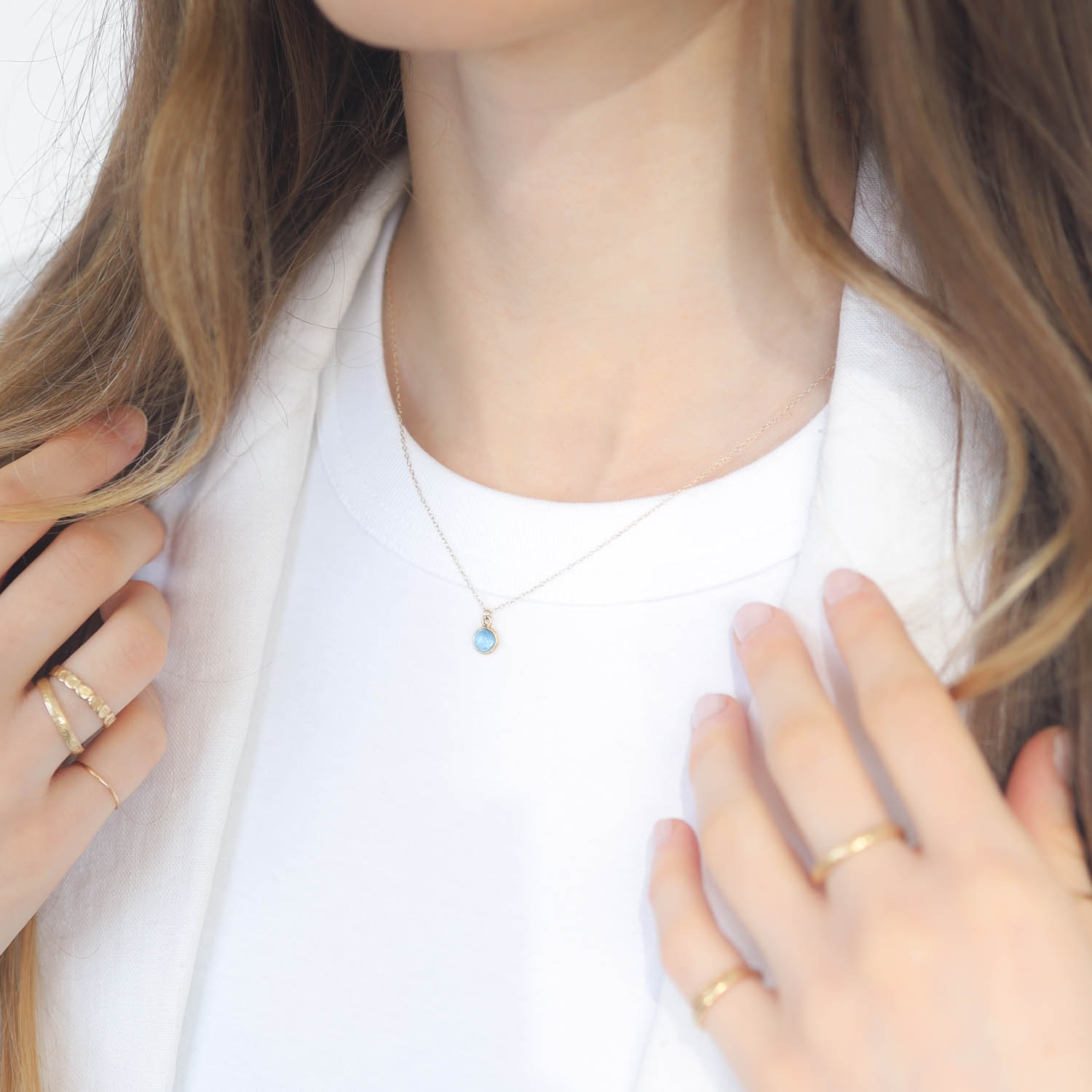 Margret Solow :Necklace,Round Aquamarine,18k chain measures 16" - 18" in length, pendant measures 3/8" x 1/4"