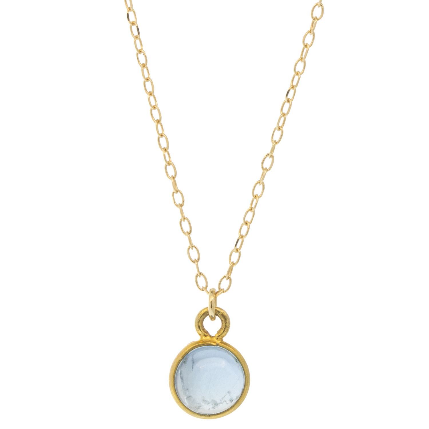 Margret Solow :Necklace,Round Aquamarine,18k chain measures 16" - 18" in length, pendant measures 3/8" x 1/4"