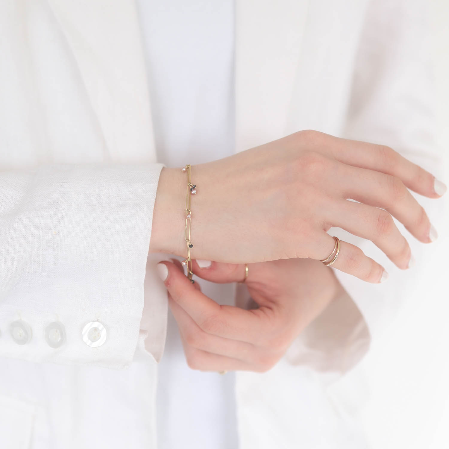 Erin Cuff: 18K Gold Pearl and Black Diamond Abacus Chain Bracelet