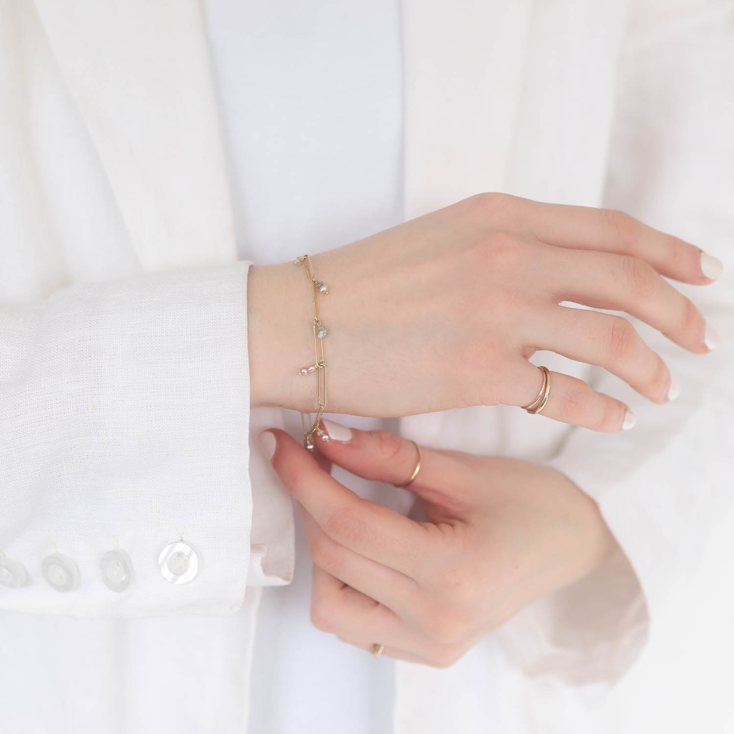 Erin Cuff: 18K Gold Pearl and Grey Diamond Abacus Chain Bracelet