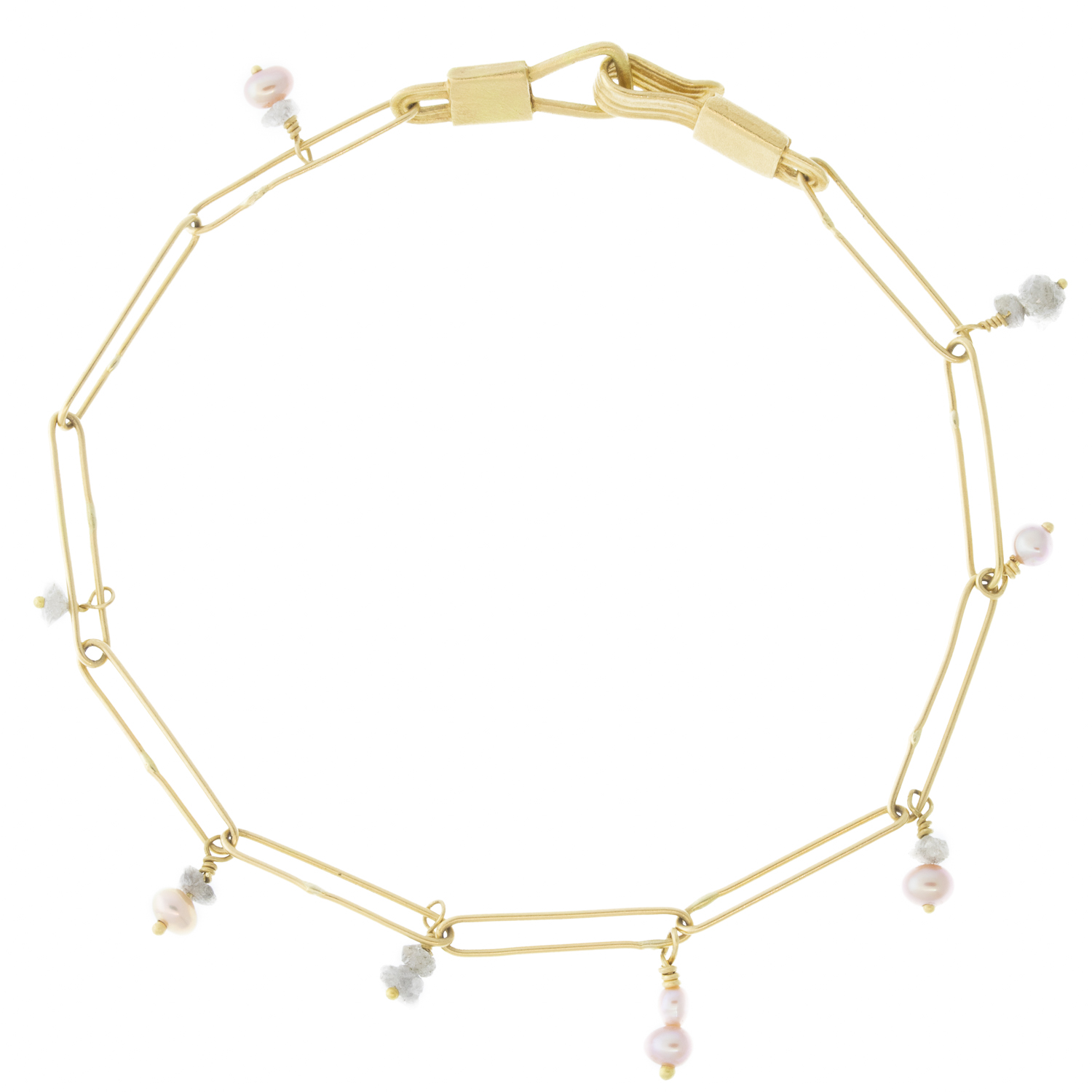Erin Cuff: 18K Gold Pearl and Grey Diamond Abacus Chain Bracelet