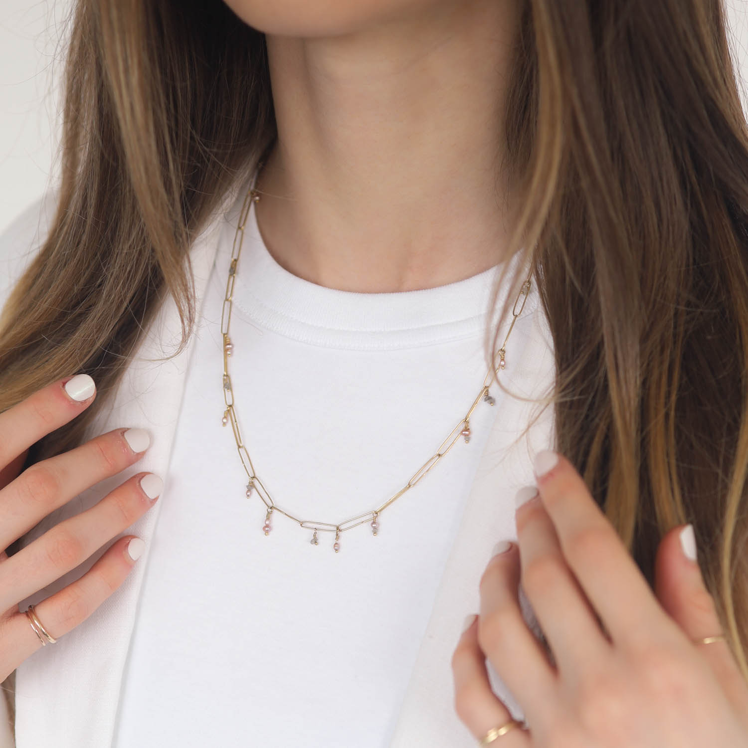 Erin Cuff: 18K Gold Pearl and Grey Diamond Abacus Chain Necklace, 20"