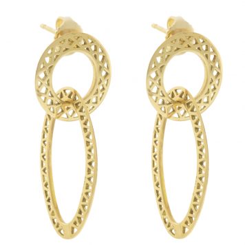 Ray Griffiths: 18k yellow gold small Crownwork disc earrings on posts with large Crownwork oval drops