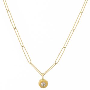 Erin Cuff: 18K yg Engraved Diamond Paperclip Chain Necklace, 0.38ct Round OEC Antique Diamond, 20"