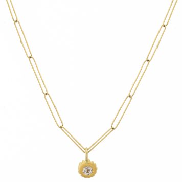 Erin Cuff: 18K yg Engraved Diamond Paperclip Chain Necklace, 0.38ct Round OEC Antique Diamond, 20"