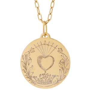 Erica Molinari: 18K Large Hand Engraved Disc Crown & Heart with 7 Swords-"Beauty Awakens the Soul to Act"