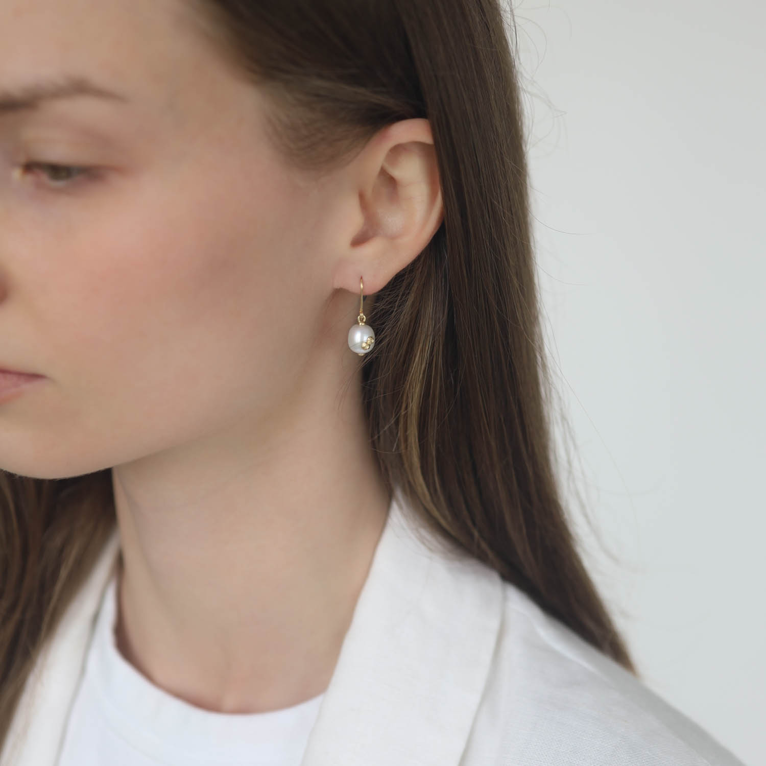 Hannah Blount: Moonshine Baroque Pearl Ruthie B. Earrings with Barnacles - 14k gold 15/16 x 5/16