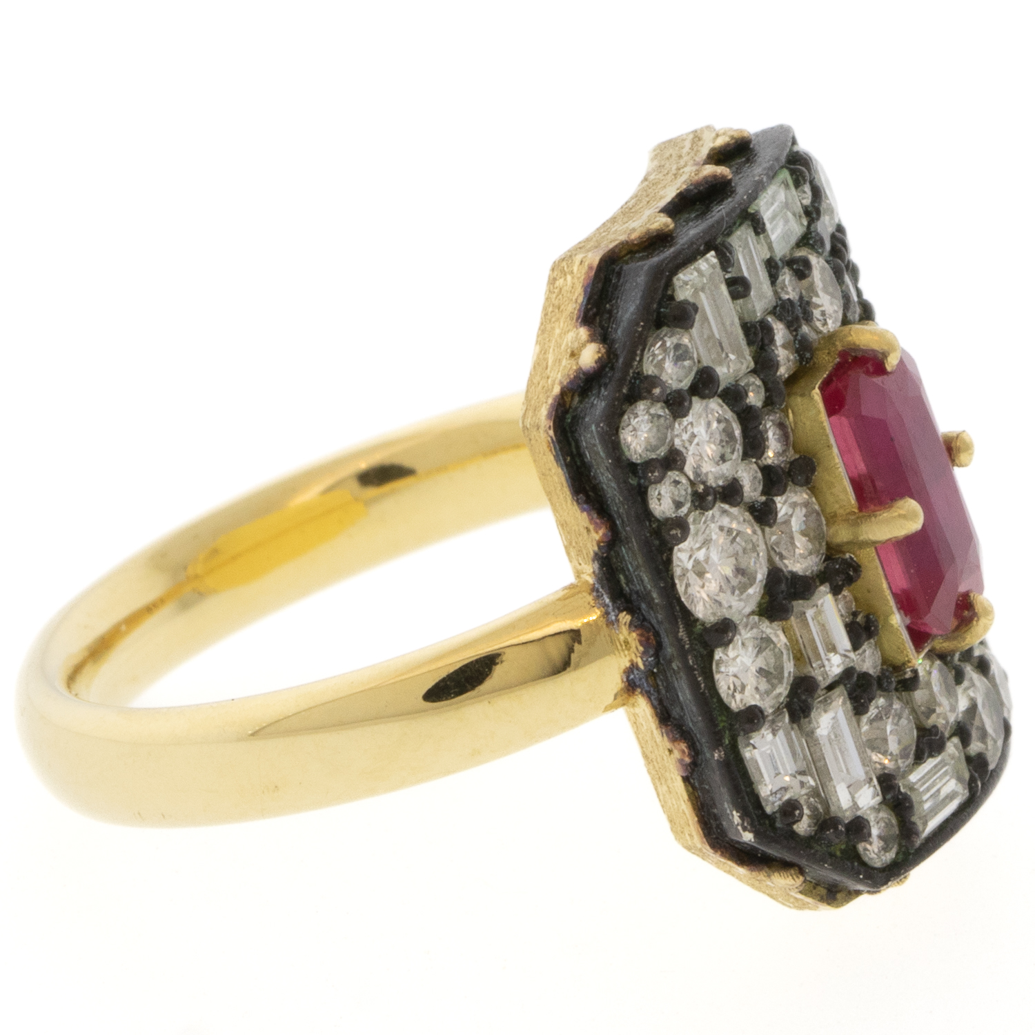 Erica Molinari Trunk Show: 18k/ SS white diamond Mosaic style ring with white diamond 1.21cts rounds & baguettes set with Pink Sapphire -.91cts
