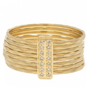 Celine Daoust: Ring,14k Yellow gold,8 Hammered bands ,14 diamonds plate