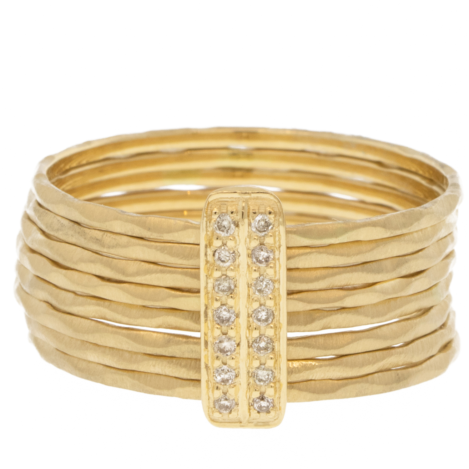 Celine Daoust: Ring,14k Yellow gold,8 Hammered bands ,14 diamonds plate