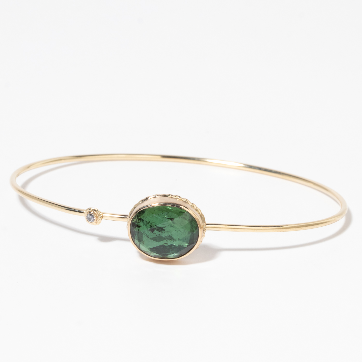 Jamie Joseph: 14K Gold Bracelet w/ Oval Rose Cut GREEN TOURMALINE on Ruffled Platform w/ 0.03 ct Diamond Accent, 3/8" x 1/2"
