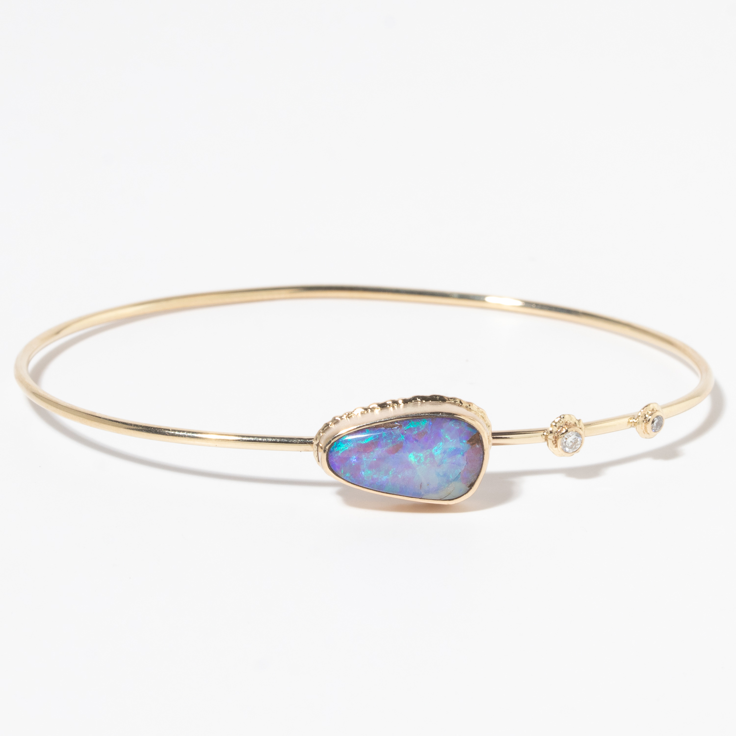 Jamie Joseph: 14K Gold Bracelet w/ Asymmetrical BOULDER OPAL on Ruffled Platform w/ Two Diamond Accents (.085 CTW), 5/16" x 1/2"