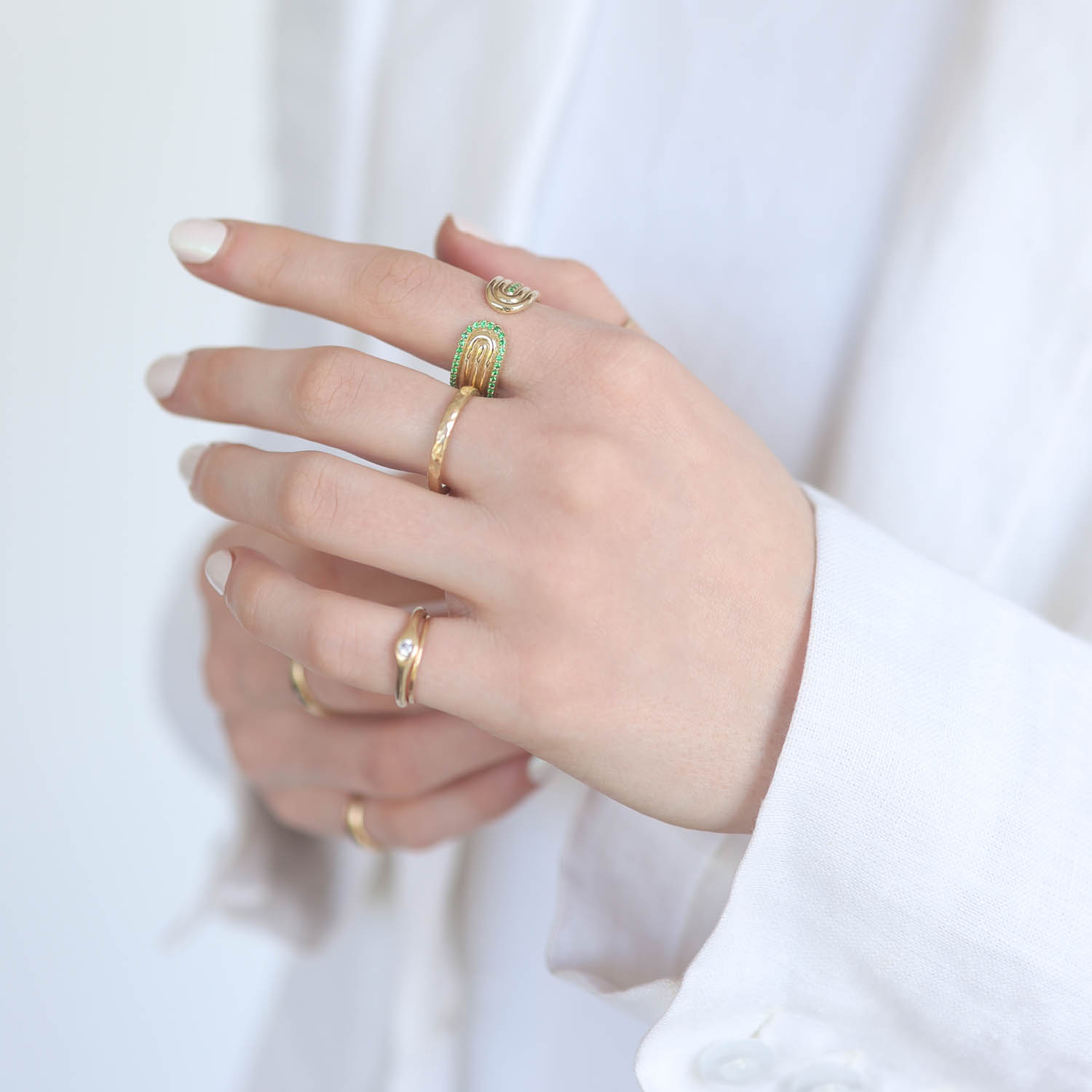 Campbell + Charlotte: Found Ribbed Open Ring, Tsavorite, 14k Gold