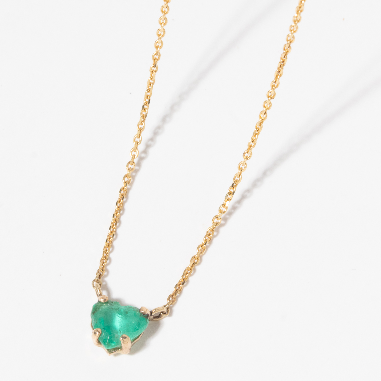 Jamie Joseph:14K Gold Necklace w/ Extra Small .60 ct EMERALD Heart in Multi Prongs (17.5")1/4 x 1/4