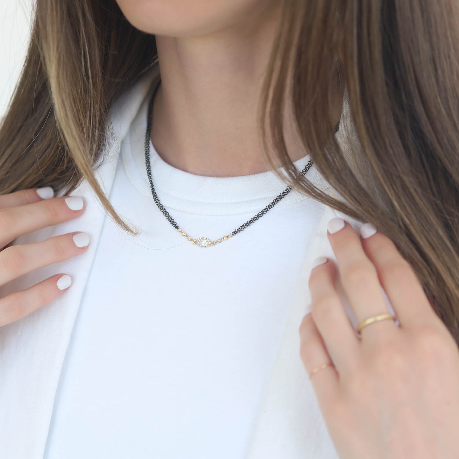Robindira Unsworth: Fashion Necklace, 14k gold vermeil, oxidized SS double-strand chain, Single CZ