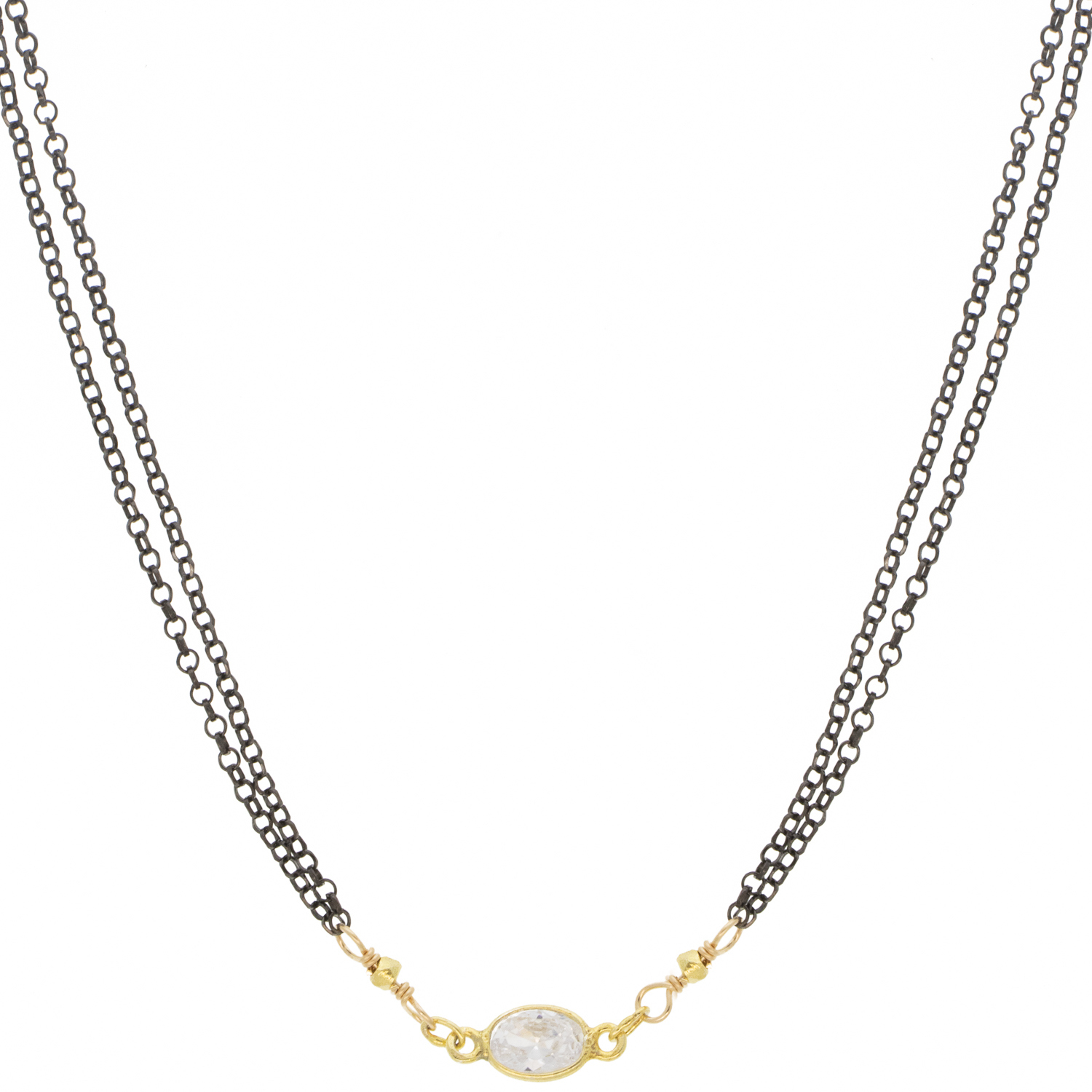 Robindira Unsworth: Fashion Necklace, 14k gold vermeil, oxidized SS double-strand chain, Single CZ