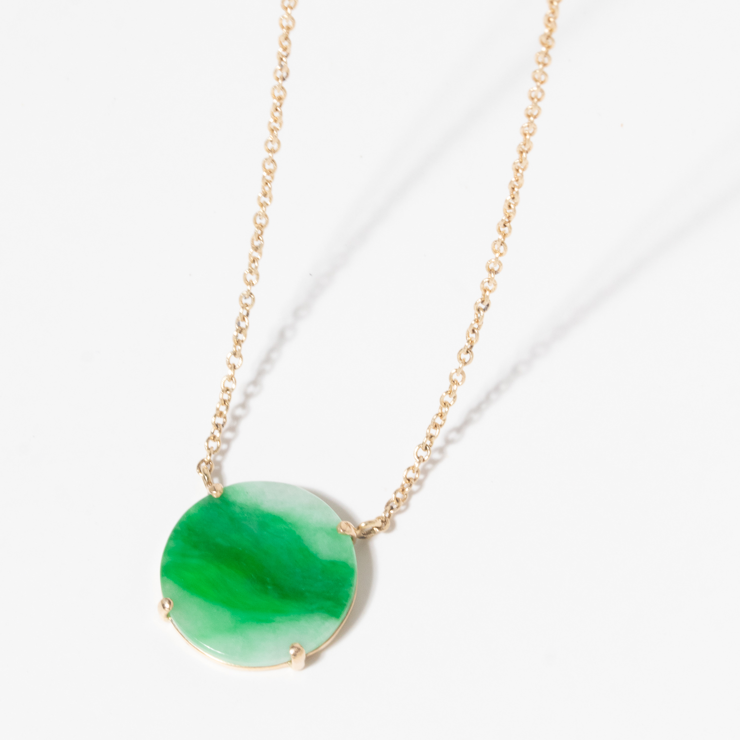 Jamie Joseph:14K Gold Necklace w/ Round Smooth JADEITE in Multi Prongs (17.5") 1/2 diam.