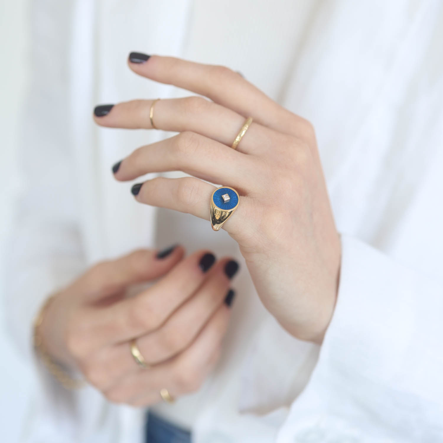 L'atelier Nawbar:Warrior Hex ring 18k yg,hand painted blue enamel,0.03ct round white diamonds,5.32gms,SZ 4.25