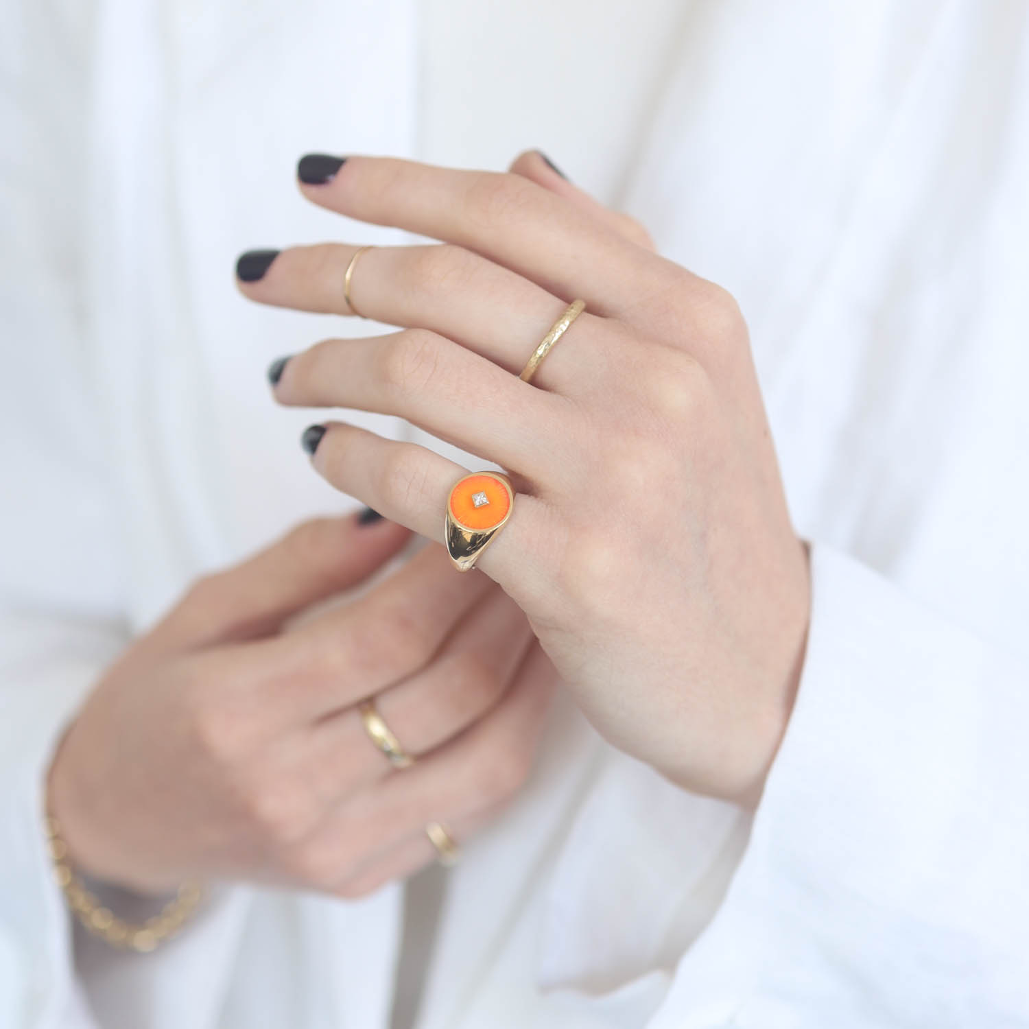 L'atelier Nawbar:Warrior Hex ring 18k yg,hand painted Orange enamel,0.03ct round white diamonds,5.32gms,SZ 4.25