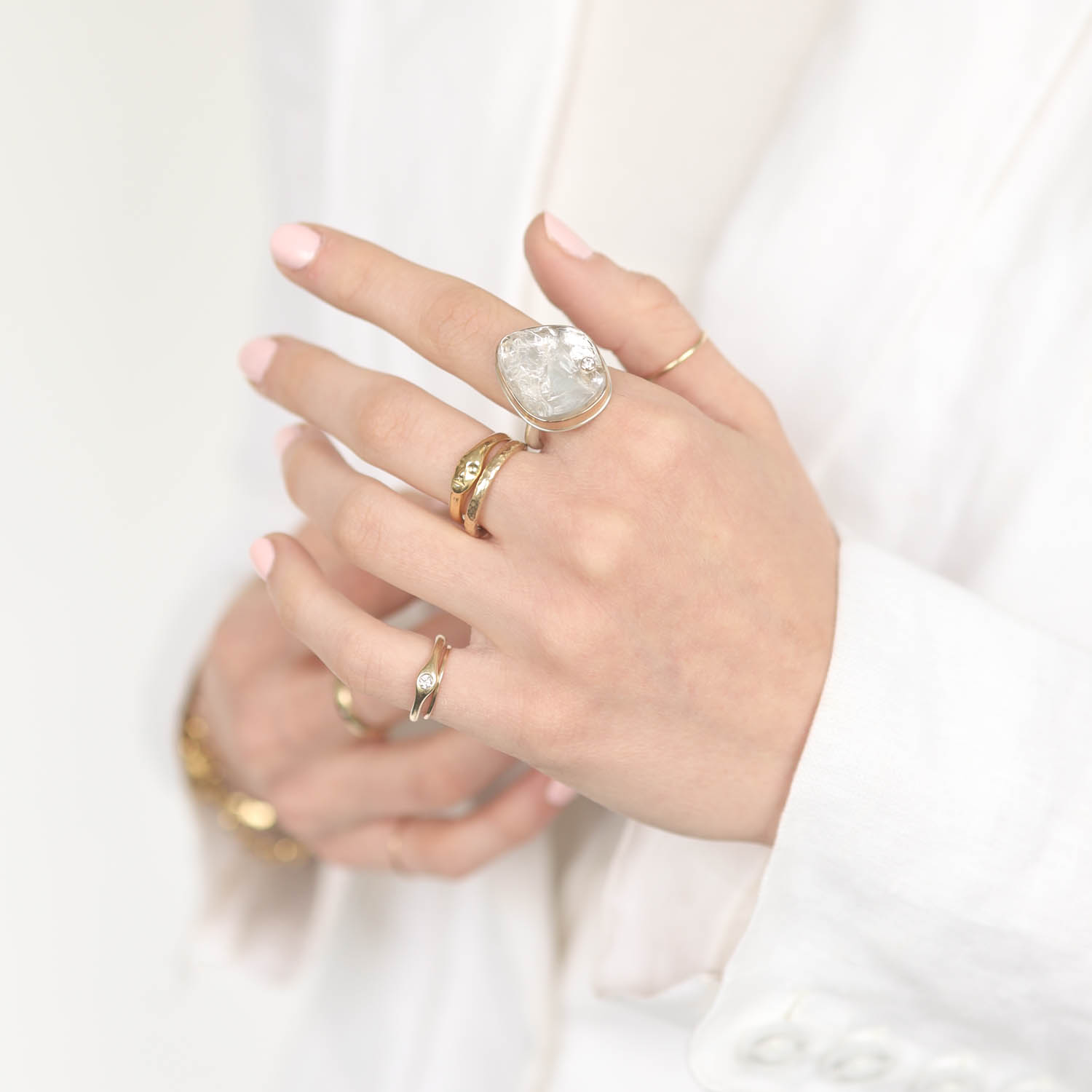 Jamie Joseph: Sterling & 14K Gold Ring w/ Vertical Asymmetrical Surface Cut WHITE BERYL & .025 ct Diamond on Egyptian Band, Size 7 1/2